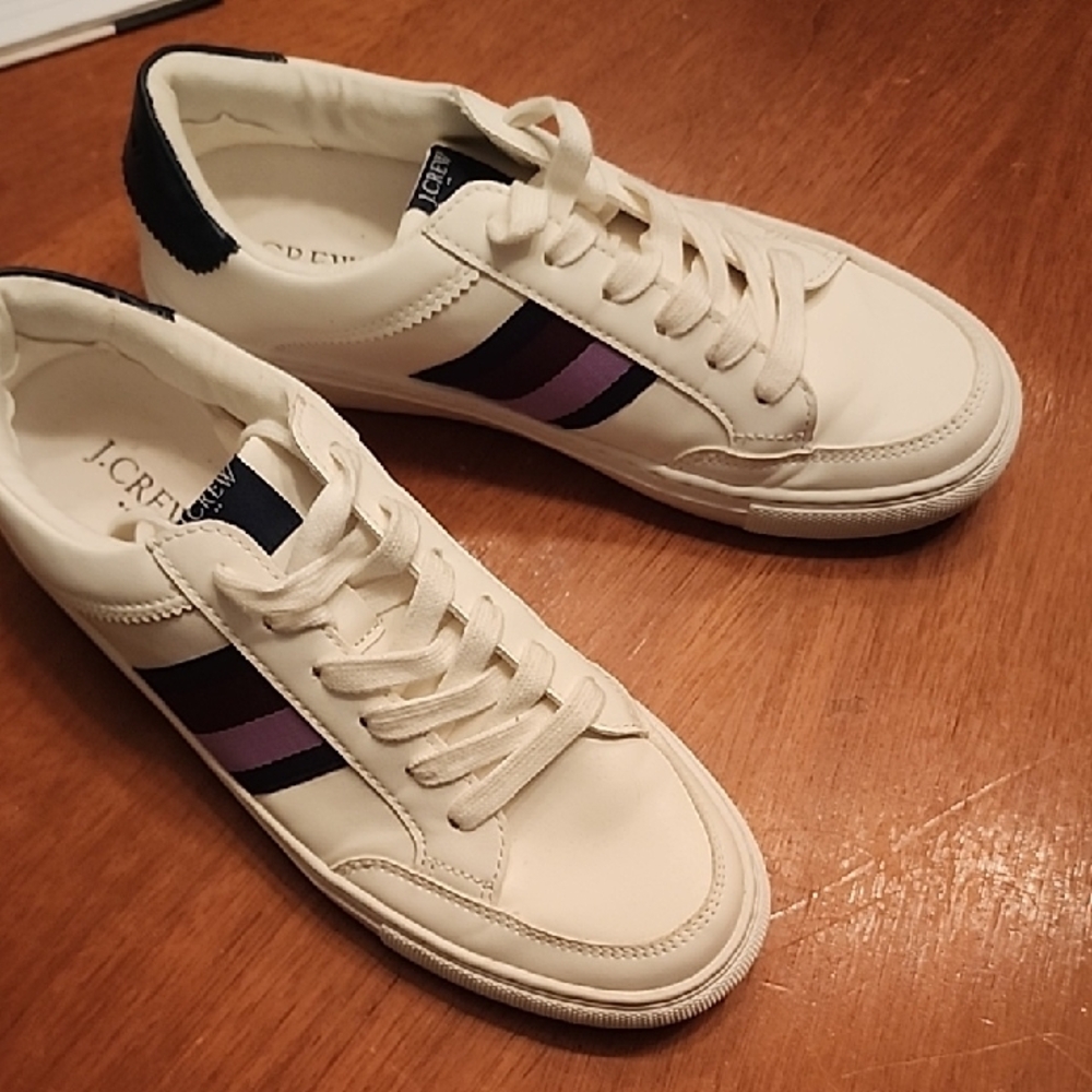 J. Crew Cream Sneakers with Purple and Black Accents